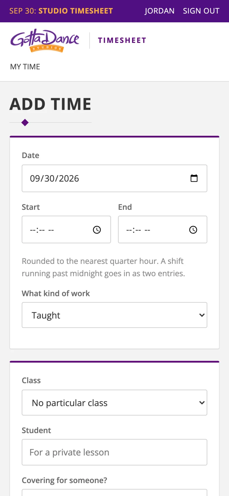Ntertime on a phone: the add-time form